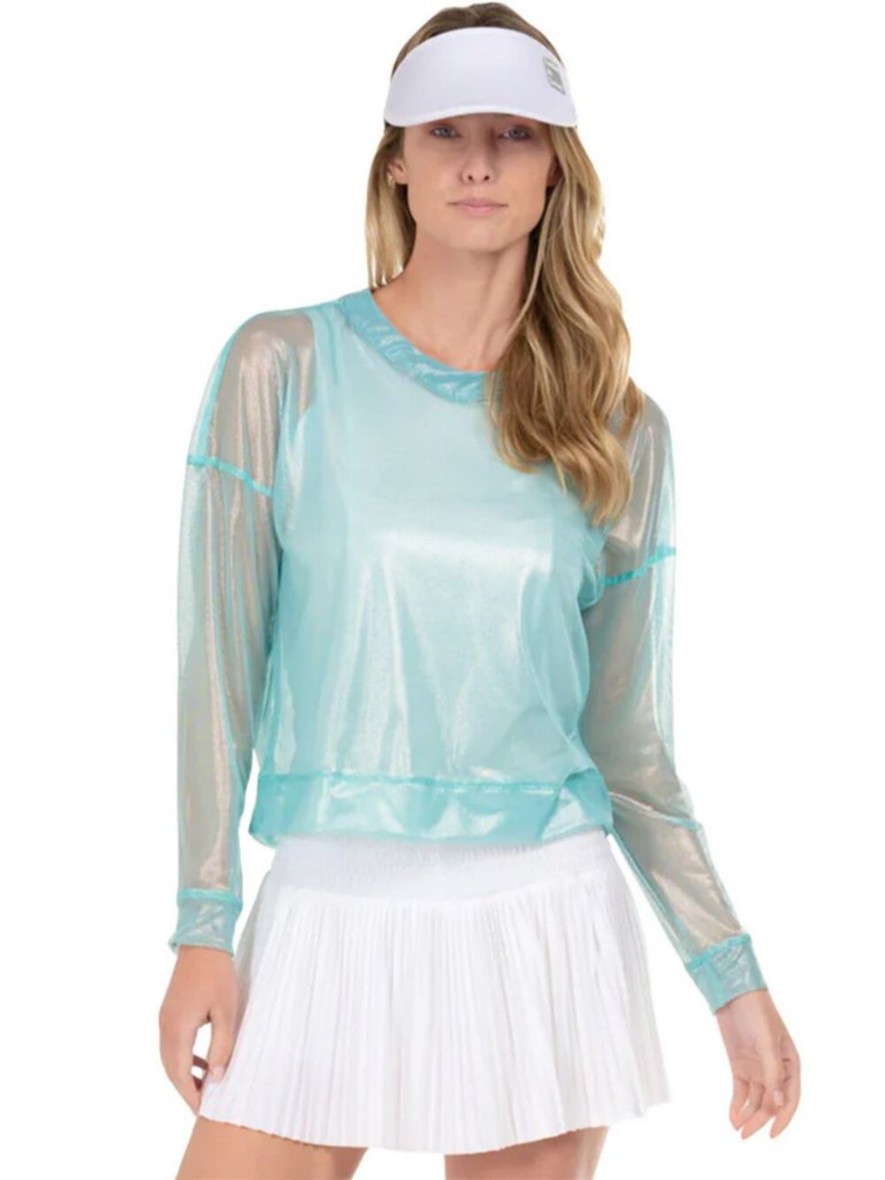 Lucky In Love Goddess Mesh Long Sleeve Tennis Shirt Aqua Sheer Breathable Size S